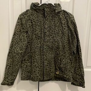 Green cheetah print Obey jacket with hood.